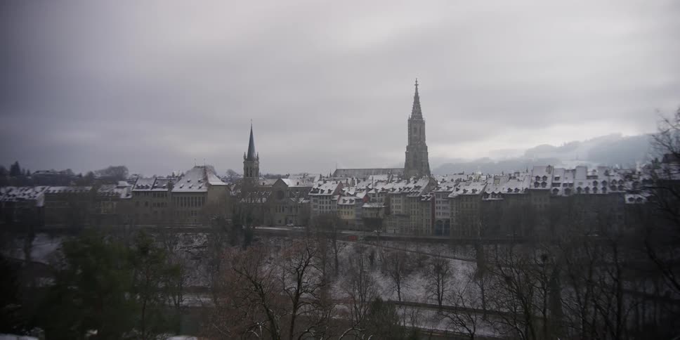 Distant church spires in the skyline of Bern, Switzerland