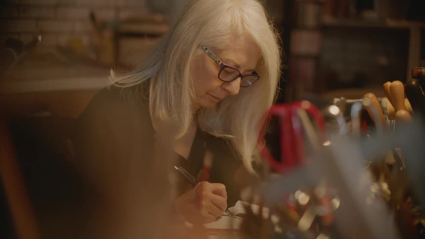 An elderly woman surrounded by clutter sits and writes