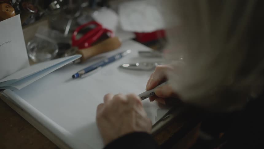 An artist drawing on paper with a marker