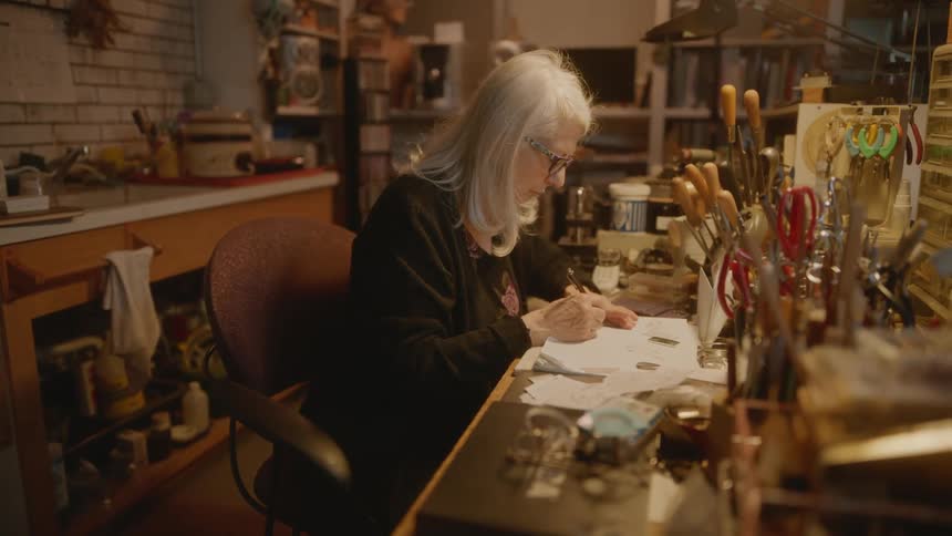 Lady sitting in a chair writing at a table with tools
