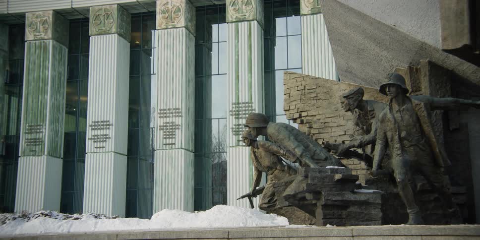A portion of the Monument to the Warsaw Uprising Fighters outside the Polish Supreme Court building
