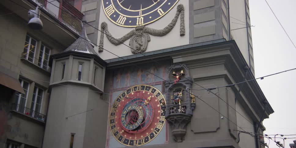 Downward scanning view of the Zytglogge clock and bell tower in Bern, Switzerland