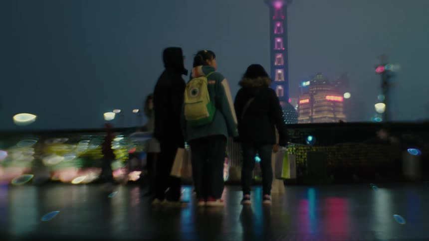 Tourists and pedestrians on a street in a metropolis at night