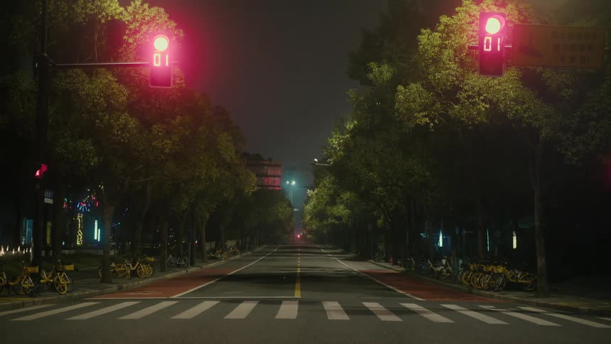 A deserted street at night illuminated by streetlights lined up on by trees