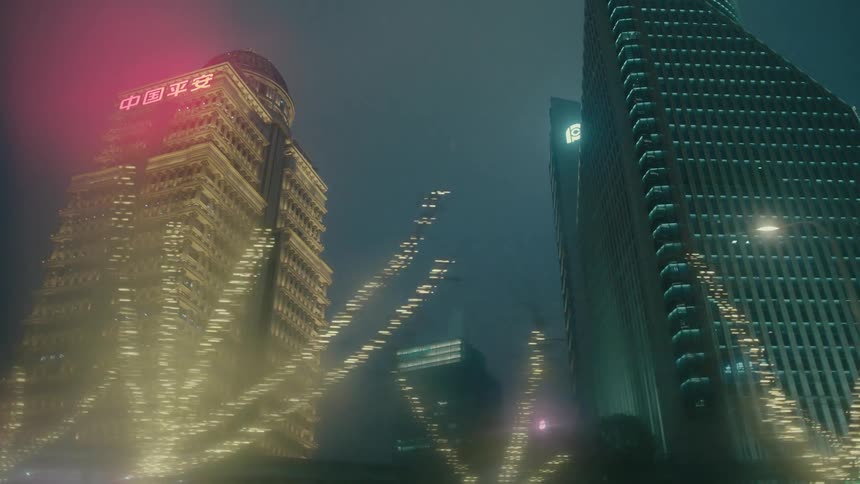 Upward view of illuminated skyscrapers in a metropolis at night