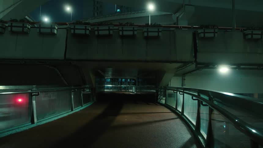 A dimly lit pedestrian walkway under a bridge at night