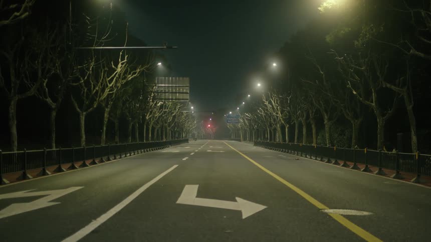 Paved street with trees around and illuminated by light at night