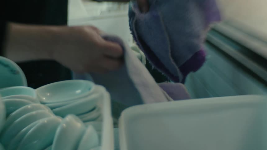 A person storing small towels in the kitchen