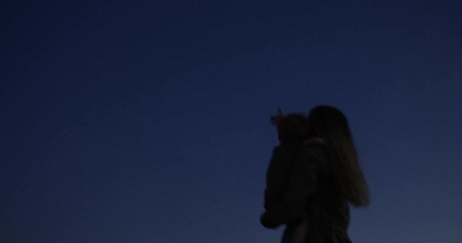 Mother holding her son on her lap and pointing to the sky with an eclipse