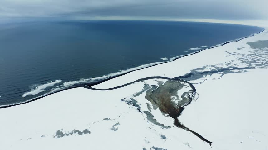 Aerial view of a frozen coastal zone