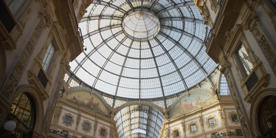 Glass dome of the Galleria Vittorio Emanuele II shopping mall in Milan, Italy