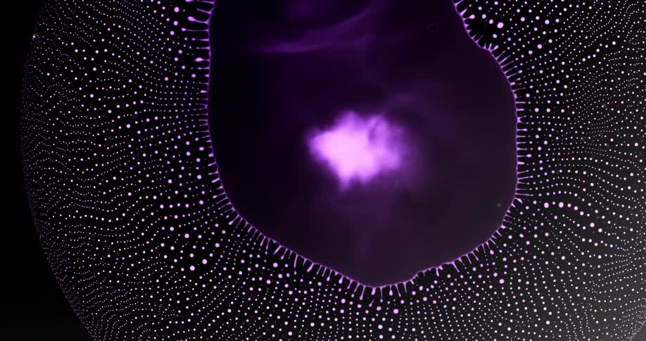 Vibrant purple abstract drop collapsing and forming polka dot patterns around it