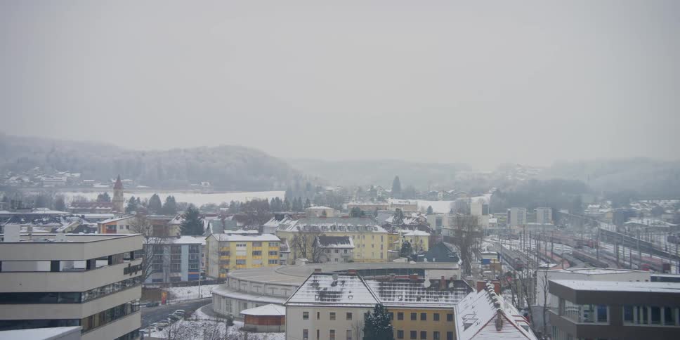 Panorama of Salzburg, Austria with the River Salzach on a foggy winters day