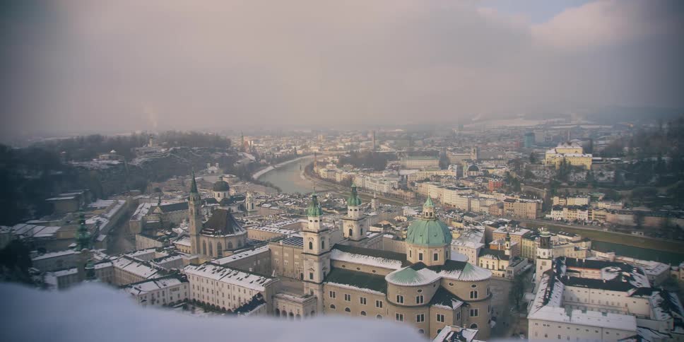 The city skyline of Salzburg, Austria on a cloudy winter day
