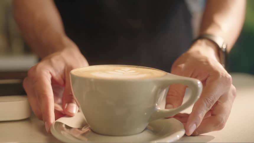 Hands of a man pouring a cappuccino on a saucer
