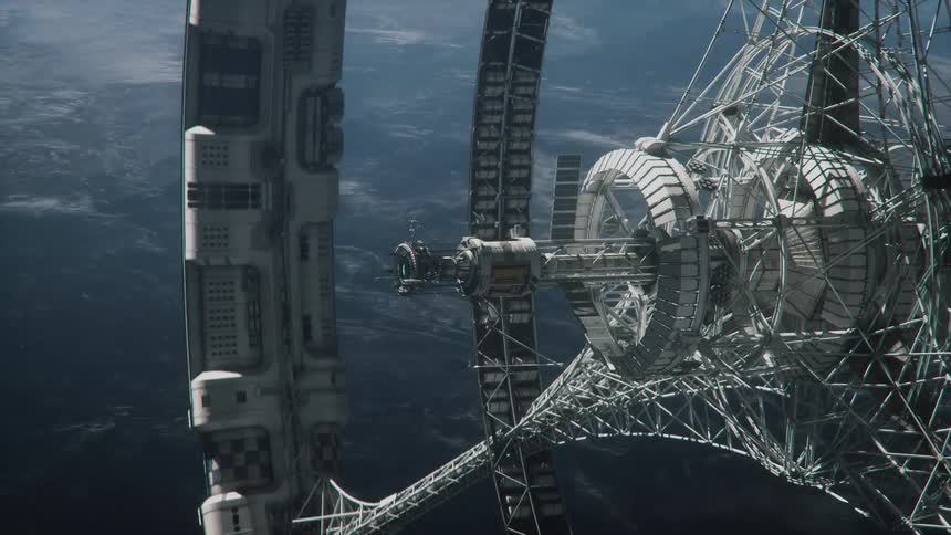 A fantastical space station orbits the earth