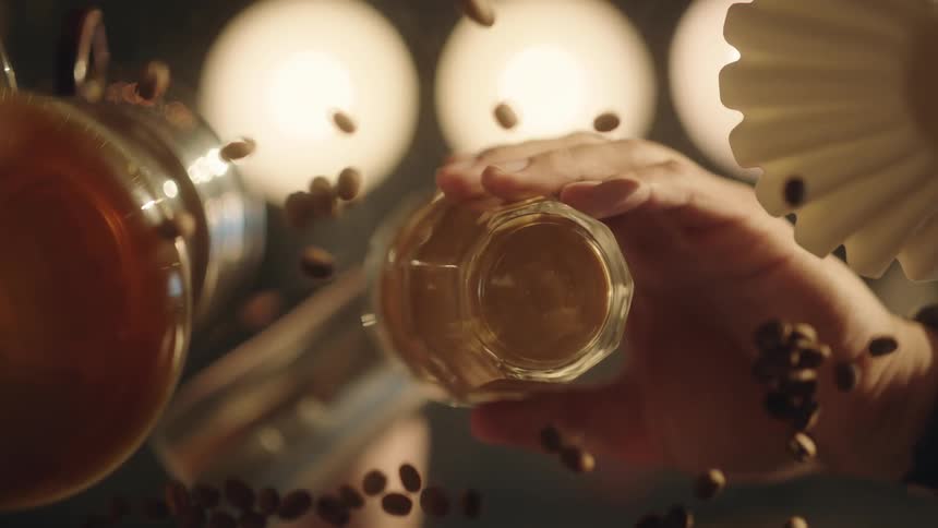 Hands of a man preparing a cappuccino in a glass cup
