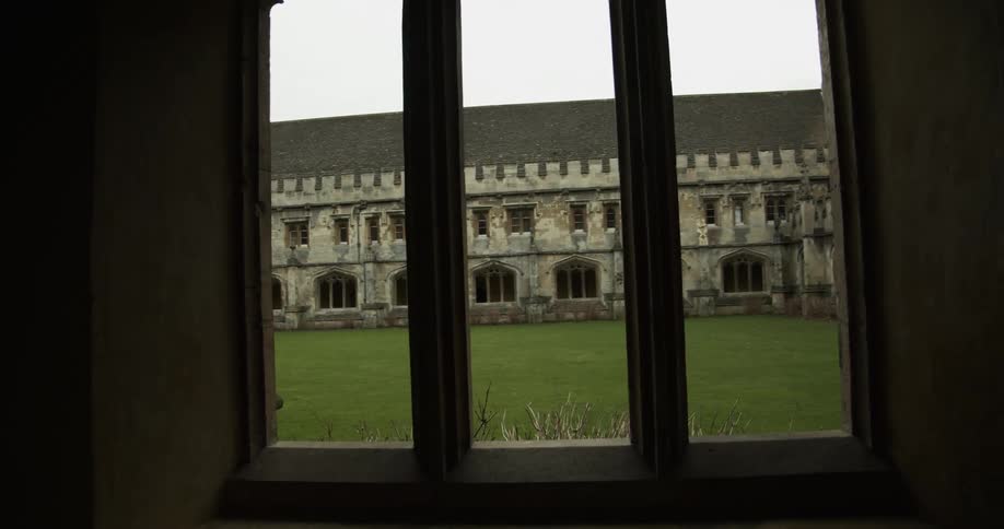 A large building and grassy area seen through a window