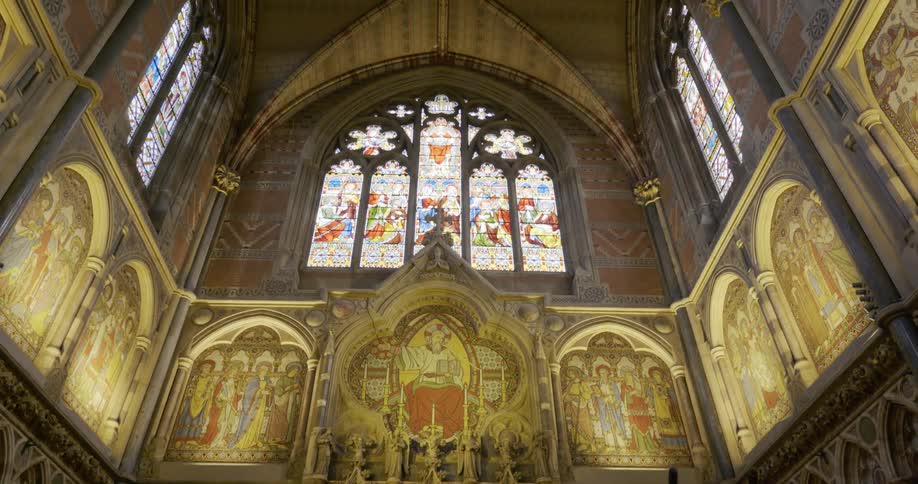 Frescos and stained glass windows in a church