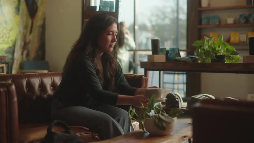 Woman sitting on a coffee shop receives a cup of coffee