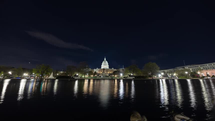 Time lapse of the us capitol building at night reflecting in the pool in front of it
