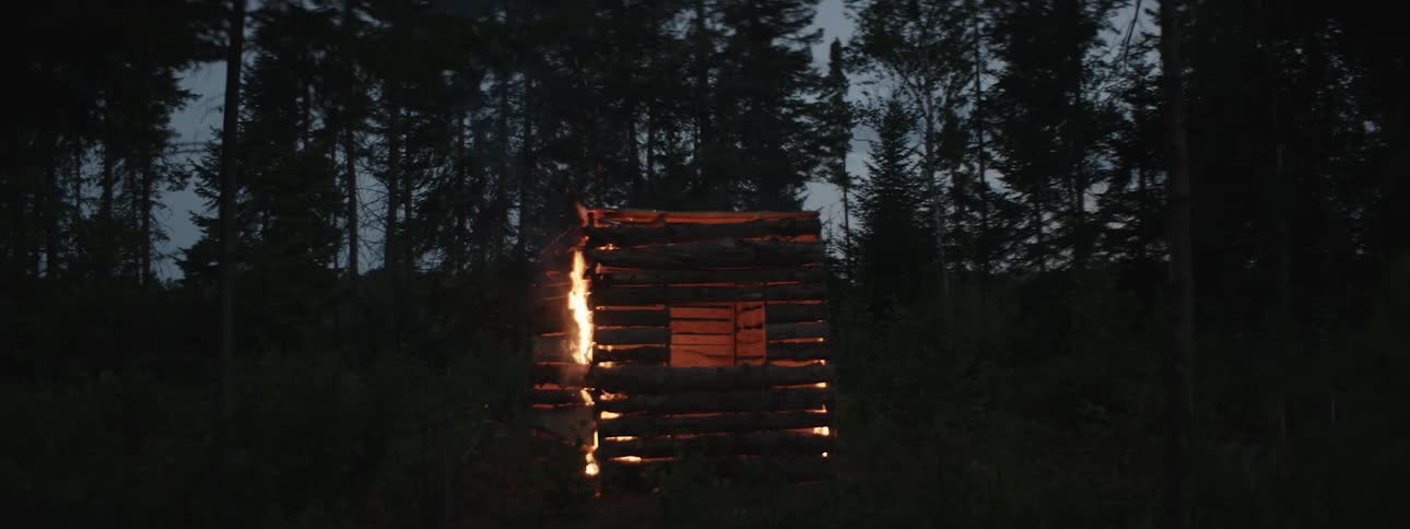 Wooden cabin on fire in the middle of a forest