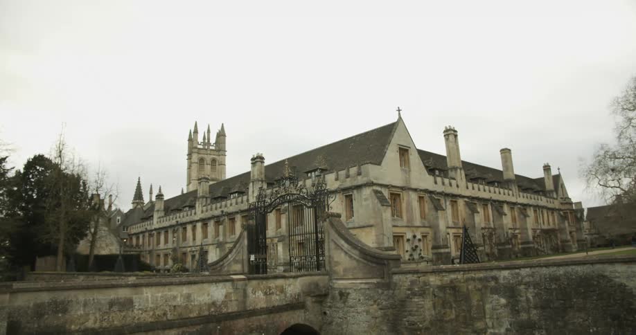 Exterior architecture of an ancient mansion with towers and pillars