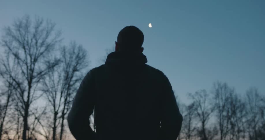 Back view of a man performing jumping jacks in an open environment with trees around on a dark sky morning