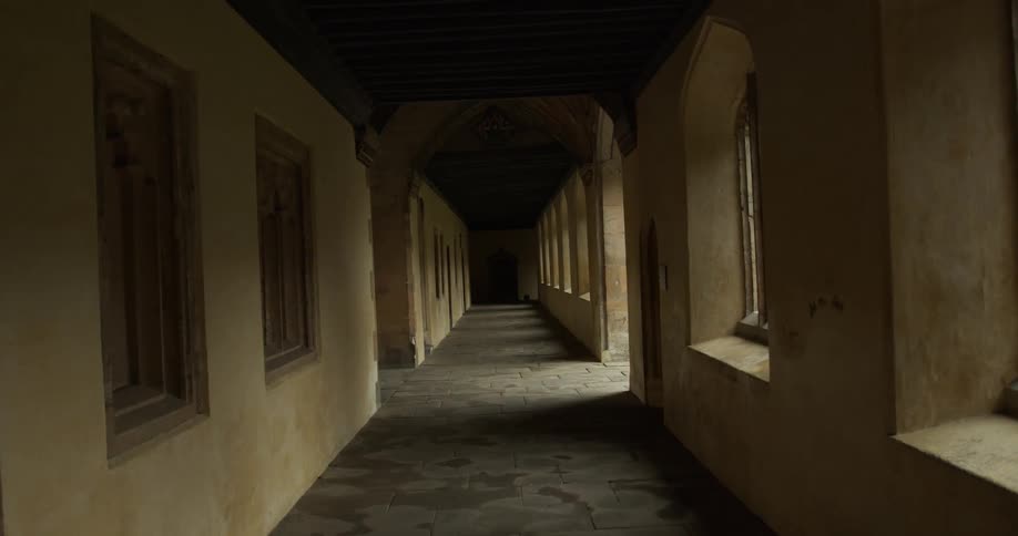 A long hallway with a dark cobblestone floor surrounded by tall windows