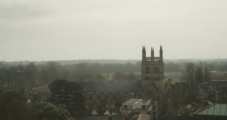 Aerial view of the city of oxford on a misty morning
