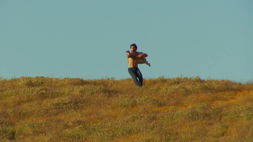 A man dances in a field full of grass