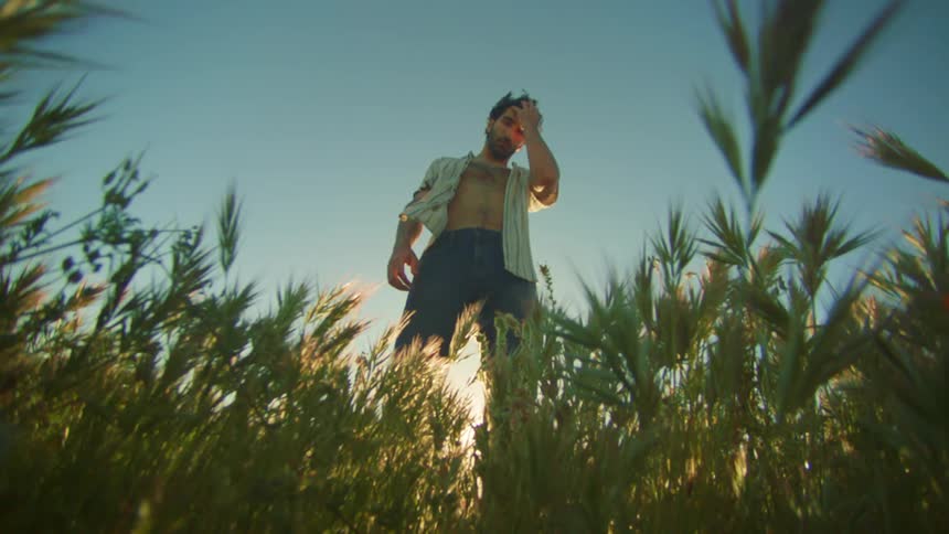 A man holding his head stands in a grassy field