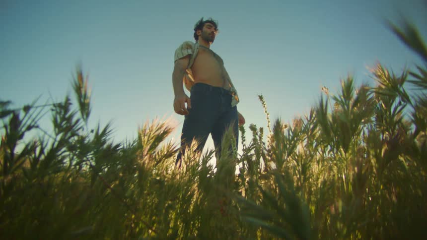 Man in shirt and chest appearing in a garden with tall grass
