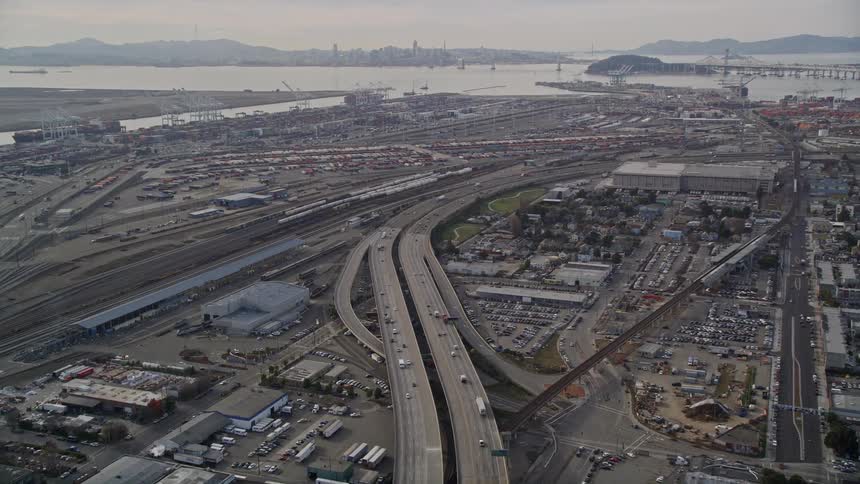 An aerial clip of a citys bridge