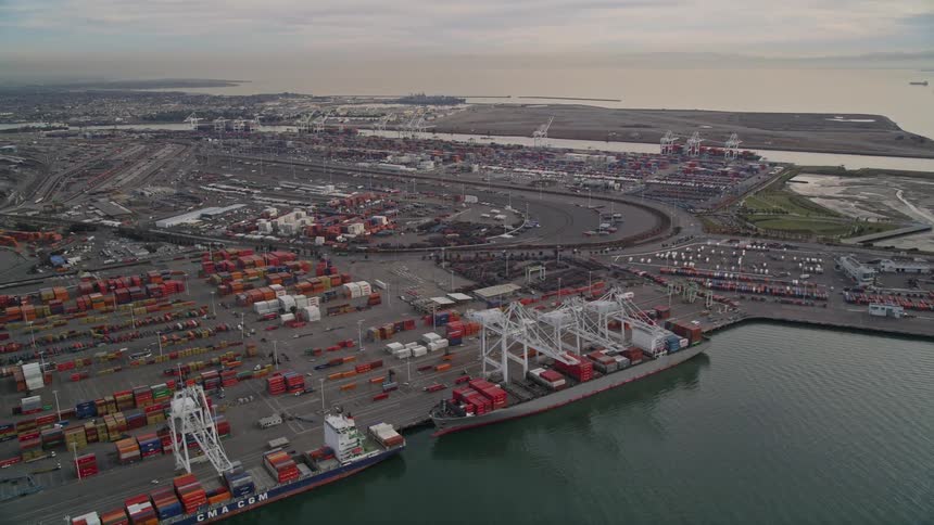 Ships docked at a massive port