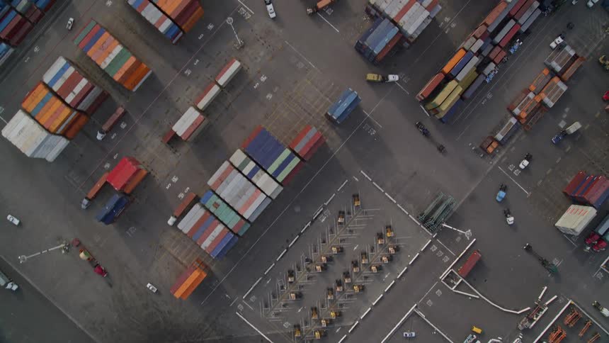 Aerial view of an extensive container shipment yard