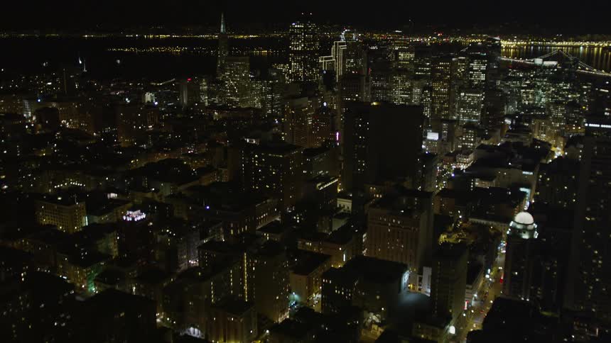 Aerial panorama of a metropolis with urban residential buildings and skyscrapers by the sea at night