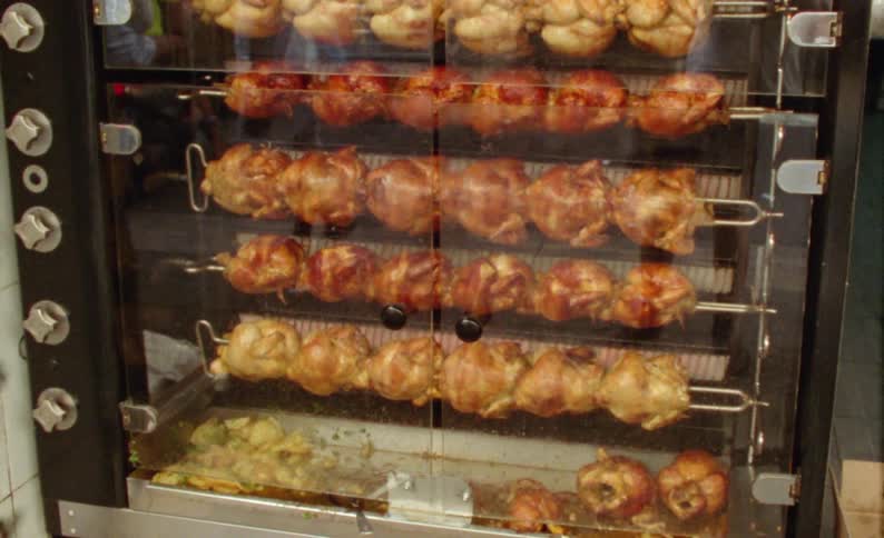 Roasting several chickens in a rotisserie grill