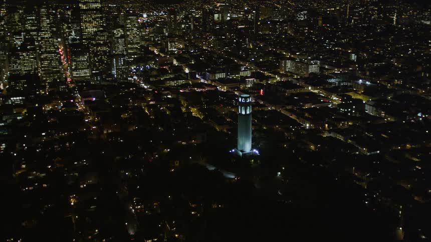 Aerial panorama from a viewpoint on a hill and around a metropolis illuminated at night and by the sea