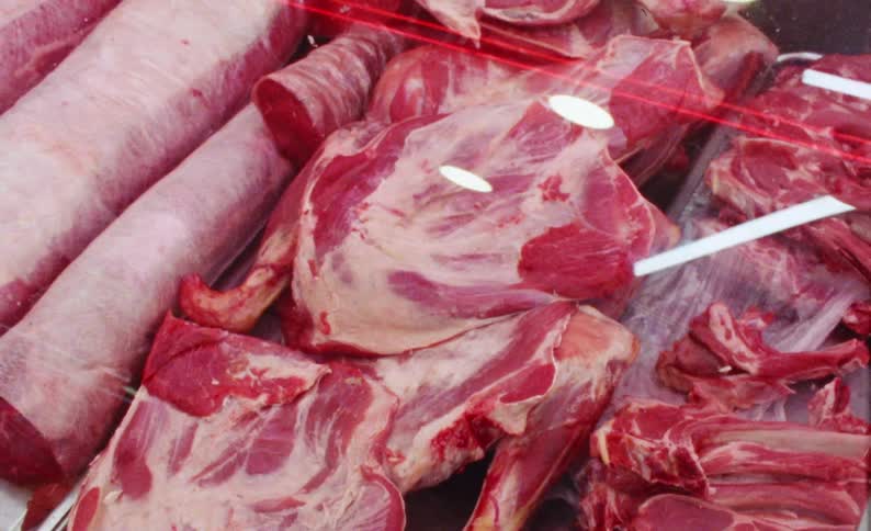 Cuts of meat are under the glass