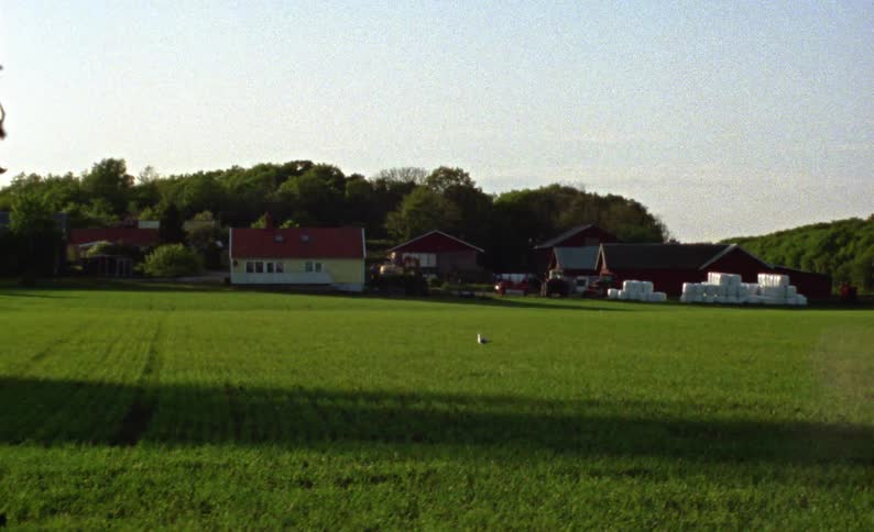 Agricultural field with rural houses in the background on a morning
