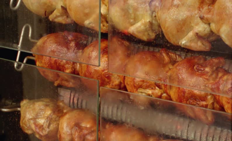 Roasting several chickens in a rotisserie grill