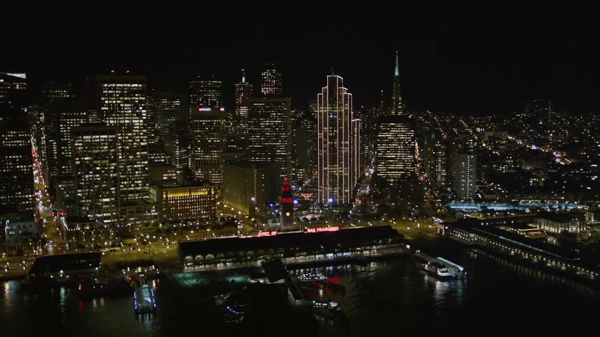 Aerial view of embarcadero and the san francisco skyline at night