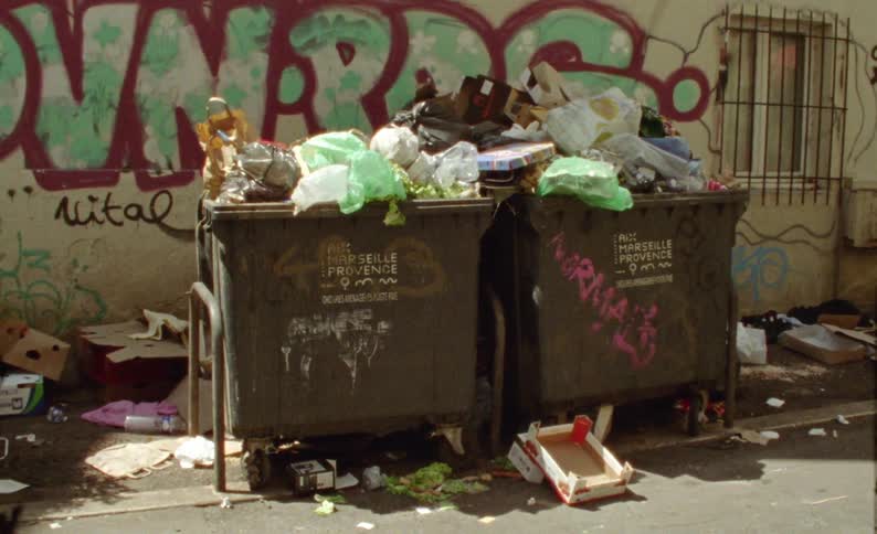 The dumpster in the alley is overflowing