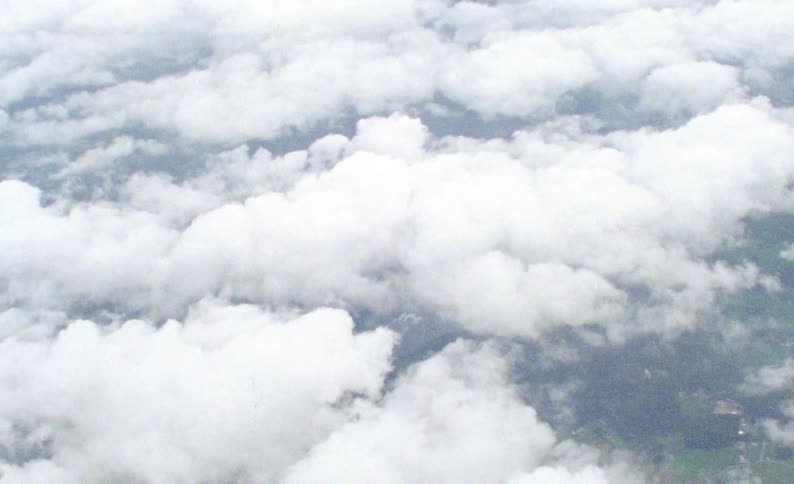 An aerial view from above of white clouds in the sky