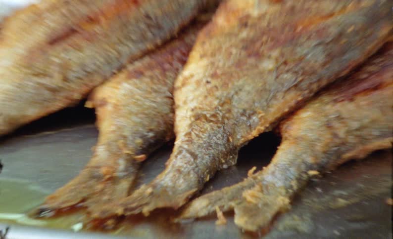 Closeup of fried fish on top of a metal shelf on a counter