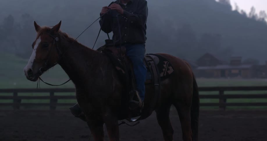 A man sitting on a brown horse