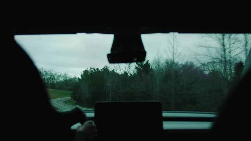 Driver steers vehicle along highway past woods