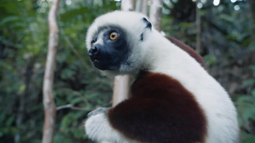 A lemur eats while clinging to a tree