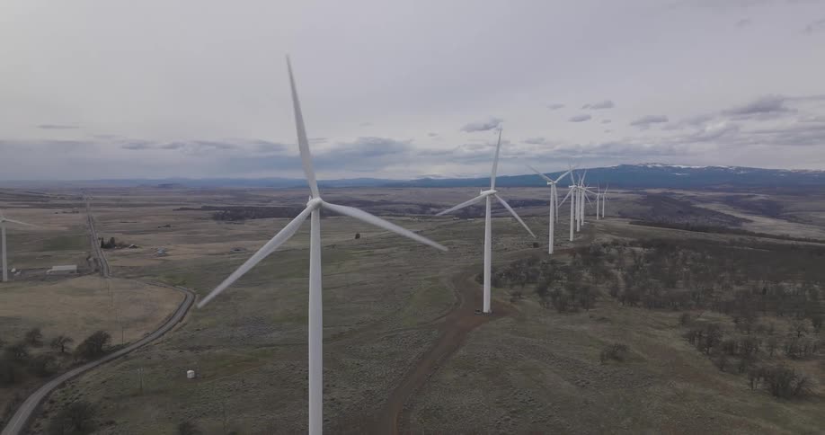 An aerial clip of wind turbines
